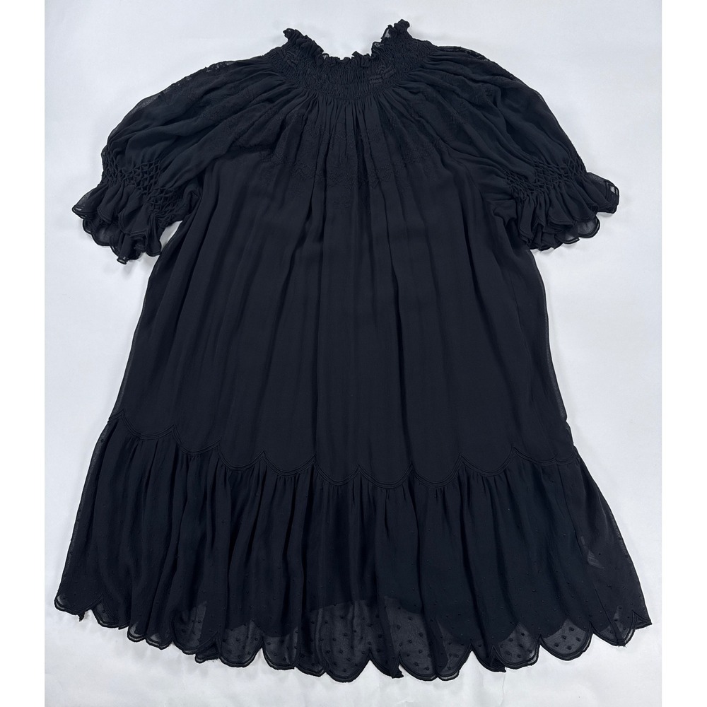 Ulla Johnson Dress 8 Black Silk Sigrid Smocked Embroidered Scalloped Flaw Read